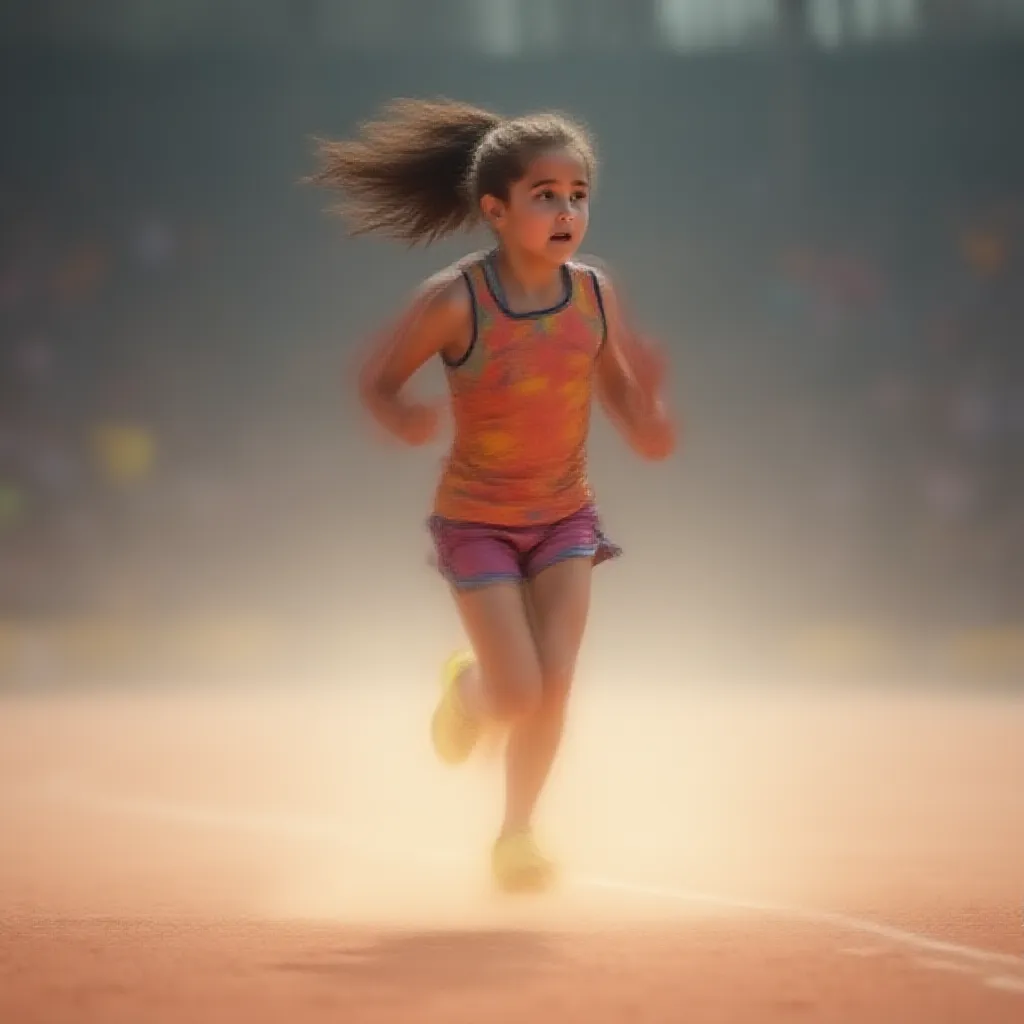 A young girl energetically running on a well-trodden athletic track, her ponytail swaying rhythmically with each stride she takes. The roar of the crowd around the arena fades into a subtle hum as she focuses on the finish line just meters away. Dressed in a vibrant running attire, and her feet clad in neon running shoes, she kicks up a flurry of dust as she pushes forward on the gravel track, her determined face reflecting the intense passion she holds for the sport.