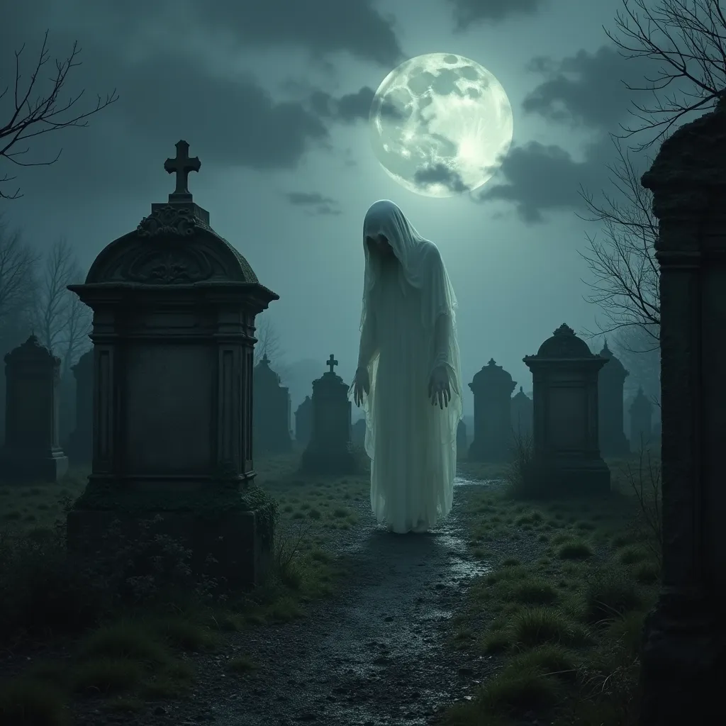Beneath the shroud of a charcoal-grey, stormy night sky, lies an ancient, eerie graveyard thick with the whispers of centuries. Weathered tombstones, some half-submerged and almost engulfed by the hungry earth beneath, adorn this haunting landscape, marking the resting places of souls long departed. Each headstone, skewed and partially covered in creeping ivy, holds tales of forgotten lives, standing as silent custodians of a past era. 

The disconcerting silence of the graveyard is intermittently interrupted by the ghostly sigh of the wind, creating a symphony of unsettling whispers that reverberate across the graves. In the spectral dance of the wind, the surreal figure of a specter emerges. This ghostly apparition, appearing like a wisp of undulating mist, floats ominously around the ancient graves, its ethereal translucency chillingly contrasted by the solid darkness of its surroundings.

Under the cold, silver glow of the indifferent moon, a vision that causes even the bravest of hearts to skip a beat begins to unravel - pale, skeletal hands emerge from the freshly-upheaved soil next to a crumbling crypt. Their fingers gnarled with the agony of untold stories, these unearthly hands appear to be grasping at the chaos of existence, reaching desperately for the surface as though seeking salvation. The unearthly sight sends a palpable wave of dread through the otherwise serene air, presenting an unwelcome spectacle in the heart of the deserted graveyard. 

In this chilling backdrop of the enigmatic graveyard, each gust of wind, each flicker of light, creates a haunting narrative of the spectral apparition and the ghostly hands. A tale of unsettled ghosts that cannot find peace, endlessly trapped between realms, forever reaching, forever wandering within the unassailable silence of this ghastly necropolis.