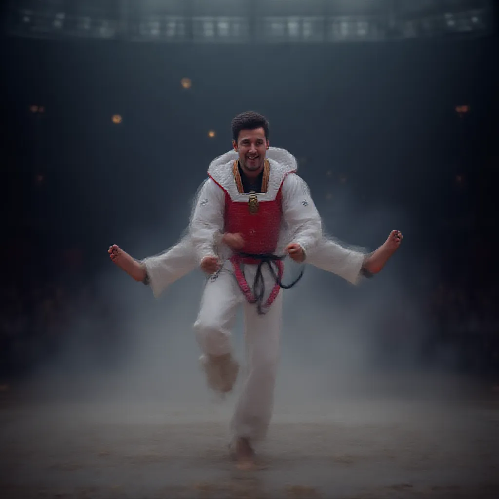 In the captivating year of 2024, at the renowned Paris Olympics, a man, robust and agile, had worlwide attention as he was engrossed in the thrilling game of Taekwondo. The crowd was pulsating with energy, their cheering reverberating across the stark boundaries of the splendid stadium, echoing under the Parisian sky. The competitors displayed awe-inspiring techniques and movements, embodying the essence of this ancient martial art. 

This particular man was breathtaking in his performances; his kicks faster than lightning, his techniques intriguing and his focus unwavered, even under the tense atmosphere of the Olympics. Under intense scrutiny of spectators and jury, he gracefully fought his way through several challenging rounds of combat, outperforming numerous world-class competitors.

Impressively, his journey culminated in victory after a nail-biting final match that left the crowd gasping and clapping in unison. Remarkably, he was awarded the prestigious gold medal, signifying not only his superiority in Taekwondo but also his relentless persistence and dedication. His celebrations were heart-warming; he wore his medal with a joyous glow on his face, reflecting his pride and overwhelming happiness. Whole stadium was erupting in euphoric applause, celebrating this enormous victory, memorializing a spectacular moment in the history of the Paris Olympics, 2024.