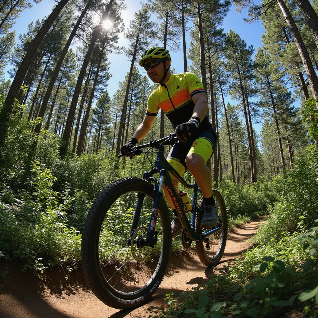 A middle-aged man dressed in a bright cycling suit is riding a mountain bike through a densely wooded trail. The striking sunlight filtering through the towering trees casting long, streaky shadows over him. He is wearing protective gear - a sturdy helmet, knee and elbow pads, and a pair of gloves. Through the winding path, he maneuvers skillfully, his intense focus mirrored in his determined eyes. The fantastically cool wind blusters against his face, making his cycling experience adventurous and exhilarating. His muscular legs pedal rhythmically, each revolution synonymous with the racing pace of his heart. in photo style