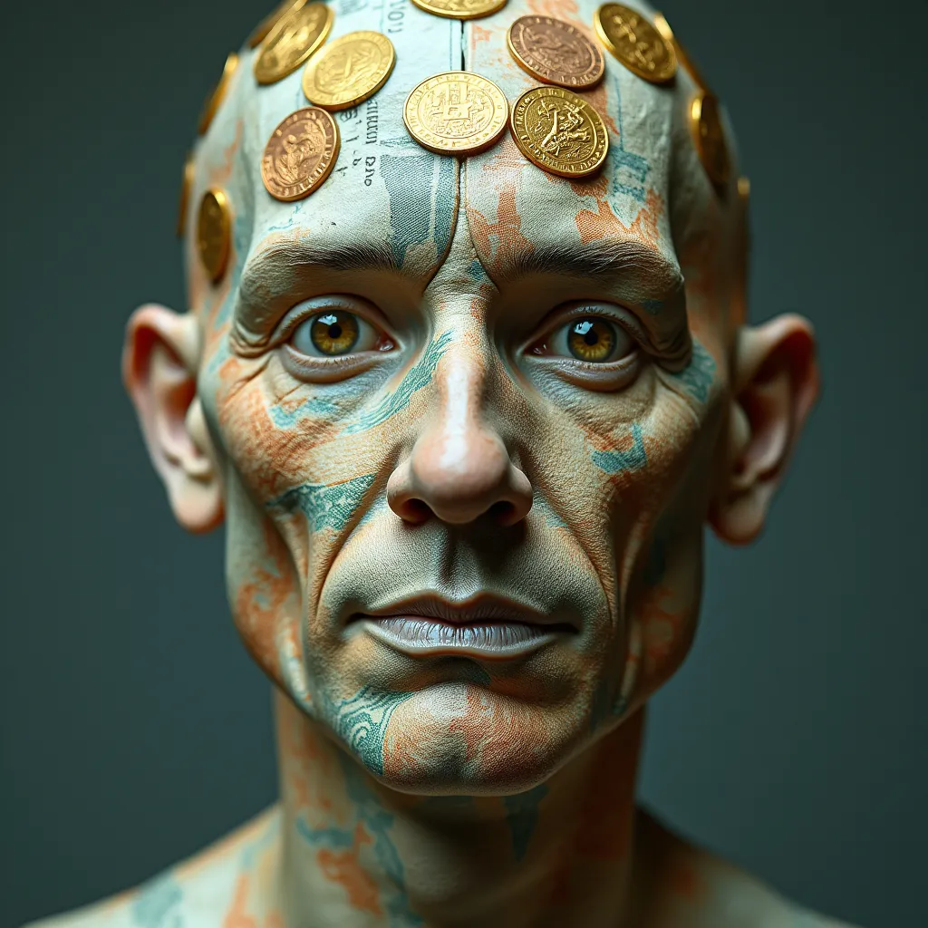 In a parallel universe, a remarkable man emerges, a man whose distinctive features defy natural laws. His face is not crafted from flesh and bone, not concealed behind a mask, nor enhanced by any digital rendition. It is made entirely out of currency. Adorned with bills of varying denominations from countries around the globe, his face stands as a unique symbol of prosperity and power. Each eye, made from shimmering, golden coins, gleams with curiosity and desire as he navigates through this economic labyrinth. His cheeks are folded from delicately creased banknotes, creating patterns reminiscent of classic origami designs. Underneath his paper lips, words of fiscal wisdom are woven into a million dollar smile. There's a enigmatic story behind this unusual, yet mesmerizing individual who is more than just a creature of wealth, he attests to the surreal relationship between humanoid life and the ceaseless wheel of economics.