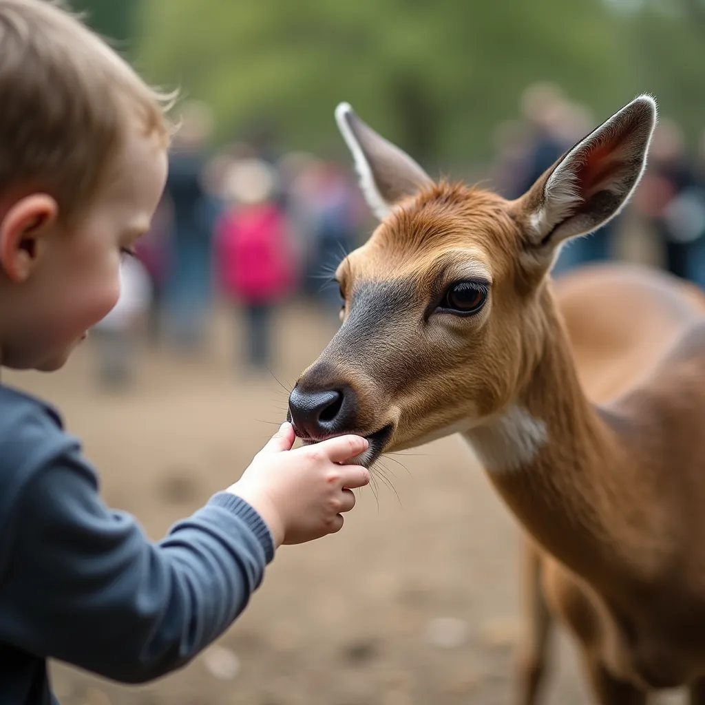 A candid shot of a child's hand reaching out to pet a curious deer at a petting zoo. The deer's nose is slightly blurred as it moves towards the hand, creating a sense of motion. The background is busy but out of focus, hinting at other animals and visitors, flmft style