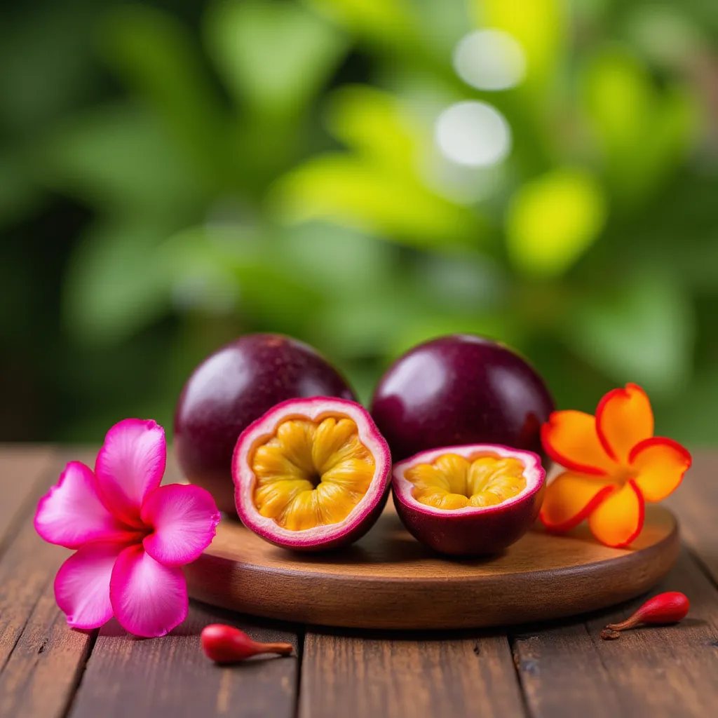 Vibrant and colorful still life photograph featuring a rustic wooden table as the base. On the table, there is a round wooden platter holding several passion fruits, one of which is cut open to reveal its bright yellow, seed-filled interior. The passion fruits have a deep purple exterior. Surrounding the fruits are vivid pink and orange plumeria flowers, adding a tropical touch to the composition. The background is softly blurred with a bokeh effect, showcasing lush green leaves and creating a serene, natural atmosphere. The lighting is warm and soft, highlighting the textures and colors of the fruits and flowers, and casting gentle shadows on the table surface. The overall layout is balanced and aesthetically pleasing, with a harmonious blend of natural elements and colors.
Make the Maracuja look realistic and and some more flowers and leafs. Now make the inside of the Maracuja look juicy 