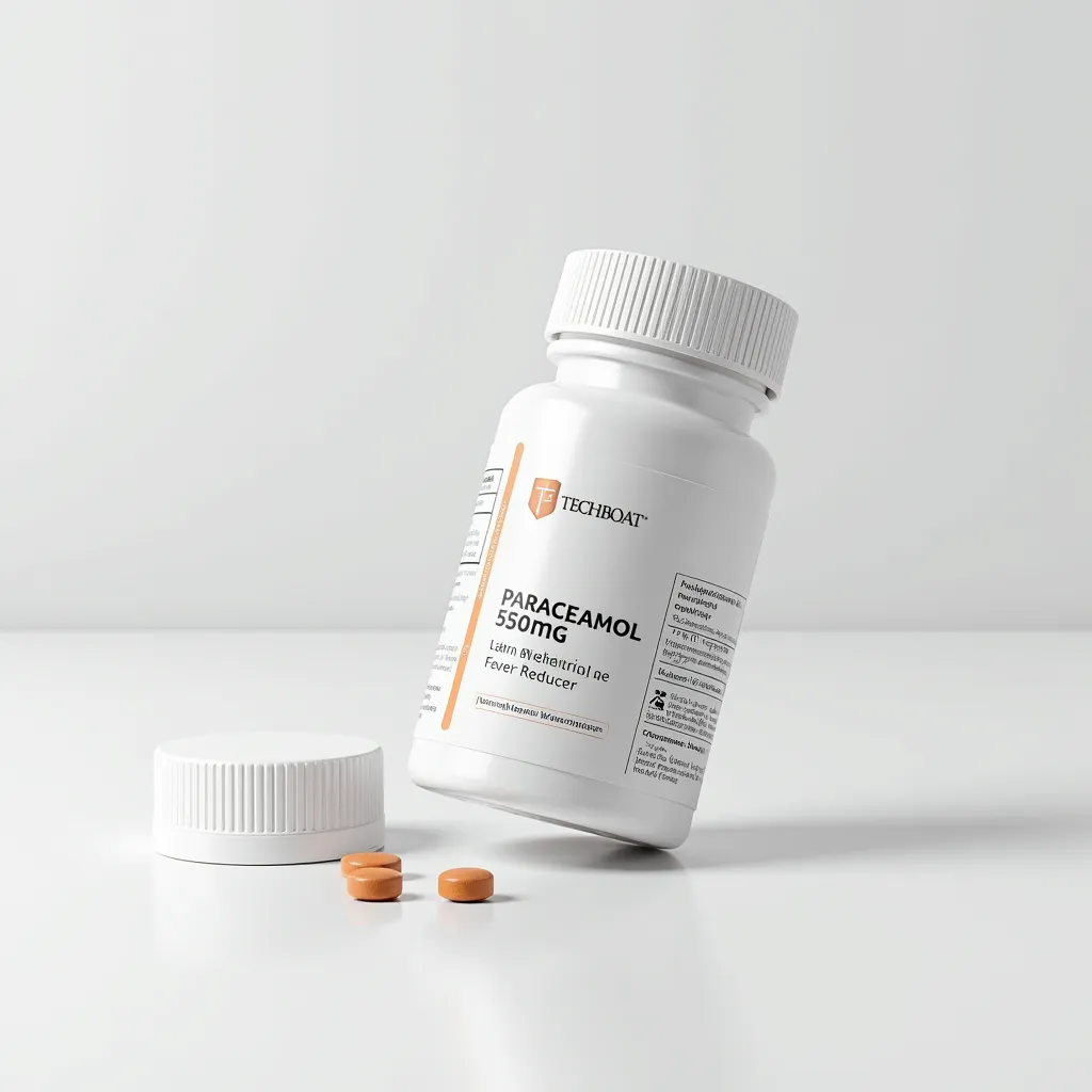 A sleek medical supplement bottle for paracetamol on a white background, featuring the text logo 'TECHBOAT' at the top in a clean font. The bottle is tilted slightly to the left, as if leaning, with the label clearly visible. The cap is off and placed beside the bottle, with a few pills neatly arranged in front. The label displays detailed information, including 'Paracetamol 550mg,' 'Pain Reliever and Fever Reducer,' dosage instructions, warnings, storage information, and a barcode. The scene is minimalistic, with soft lighting enhancing the professional and premium design