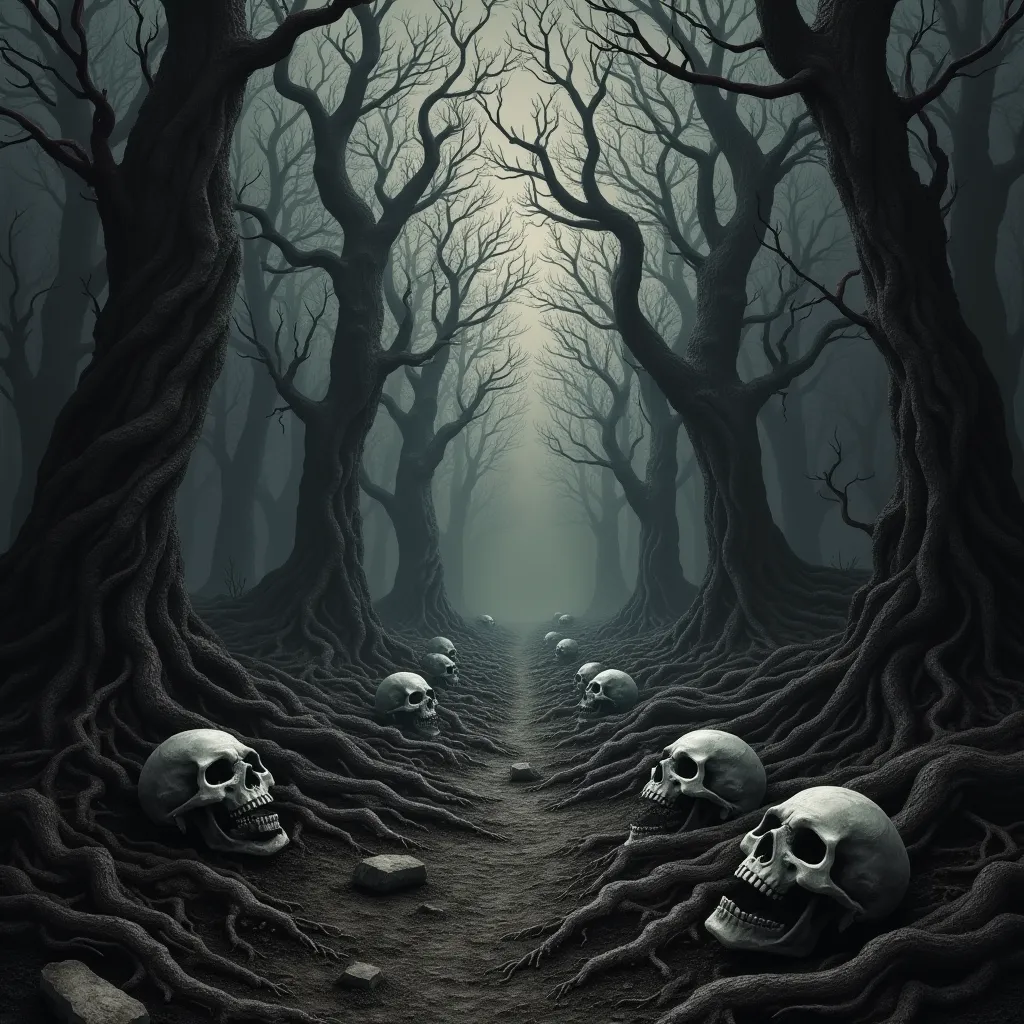A pitch-black forest where the trees seem to be alive, their twisted branches forming skeletal hands that reach out to grasp anything nearby. The ground is covered in rotting corpses, their empty eye sockets staring up at a sky torn apart by swirling black clouds
