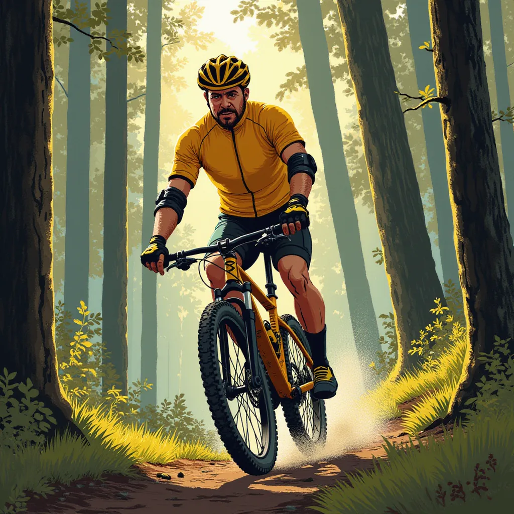 A middle-aged man dressed in a bright cycling suit is riding a mountain bike through a densely wooded trail. The striking sunlight filtering through the towering trees casting long, streaky shadows over him. He is wearing protective gear - a sturdy helmet, knee and elbow pads, and a pair of gloves. Through the winding path, he maneuvers skillfully, his intense focus mirrored in his determined eyes. The fantastically cool wind blusters against his face, making his cycling experience adventurous and exhilarating. His muscular legs pedal rhythmically, each revolution synonymous with the racing pace of his heart. in the style of TOK a trtcrd tarot style