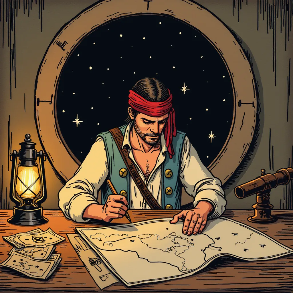 A skilled pirate navigator sitting at a wooden table covered with maps, compasses, and a glowing lantern. The character is focused, using a compass to mark a route on the map. Wearing a loose shirt with rolled-up sleeves and a bandana around their head, with a telescope resting nearby. Behind them, a starry night sky is visible through a circular window. in the style of TOK a trtcrd tarot style