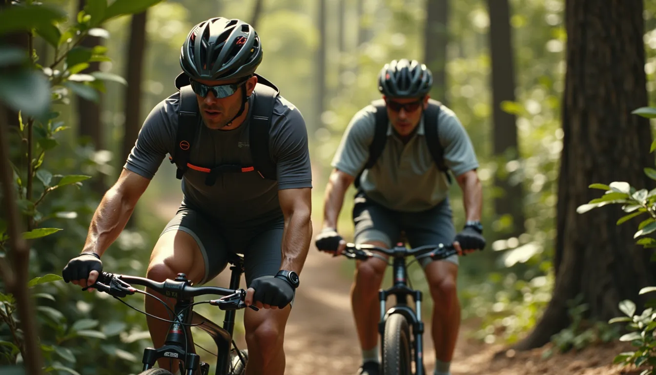 A middle-aged man, with salt and pepper hair, decked out in cycling gear, expertly maneuvering a sleek, high-performance mountain bike along a narrow, winding dirt trail in the heart of a densely forested area. The cool, crisp morning air filled his lungs as the sunlight filtered through the leafy canopy above, creating enchanting patterns on the path ahead, making each turn a delight. His determined expression revealed the inner strength pushing him forward as his muscles strained, powering through the challenging terrain. His adventurous spirit seems apparent in the way his eyes sparkled, savoring the thrill with each pedal of his journey. in 80s cyberpunk style
