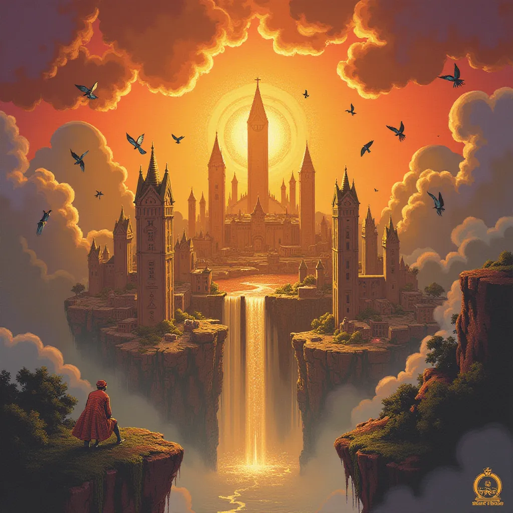 Immersed in the breath-taking embrace of a flaming sunset, lies a mesmerizing city. A floating miracle, suffused with an ethereal glow, suspended delically amidst clouds tinged with gold, orange, and purple hues. Each towering structure is a masterpiece, echoing a distinct fantasy art style. Intricate, graceful arcs and spirals etched onto the surfaces of the buildings orchestrate a harmonious symphony, portraying an otherworldly architectural design.

This effect is further amplified as numerous cascades of sparkling waterfalls rush from the city's ethereal edges, their shimmering paths traced with random rainbows as they plunge into the unseen abyss beneath the city. Their constant, soothing, musical murmur creates a hypnotic symphony that compliments the very essence of this dreamlike setting.

Adding splashes of vibrant colors against the warm shades of the setting sun, an array of exotic birds encircle the city. Every species flourishes with unique, rich plumes, their exquisite hues intensifying in the sunset's honeyed glow. Diving, twisting, and soaring in harmonious formation, their presence imparts a lively animation to the otherwise silent cityscape.

This image vividly imprints an otherworldly beauty on the canvas of observers' minds, marrying earthy architectural charm with untamed nature's magnificence, all illuminated under a magical twilight glow. in the style of TOK a trtcrd tarot style