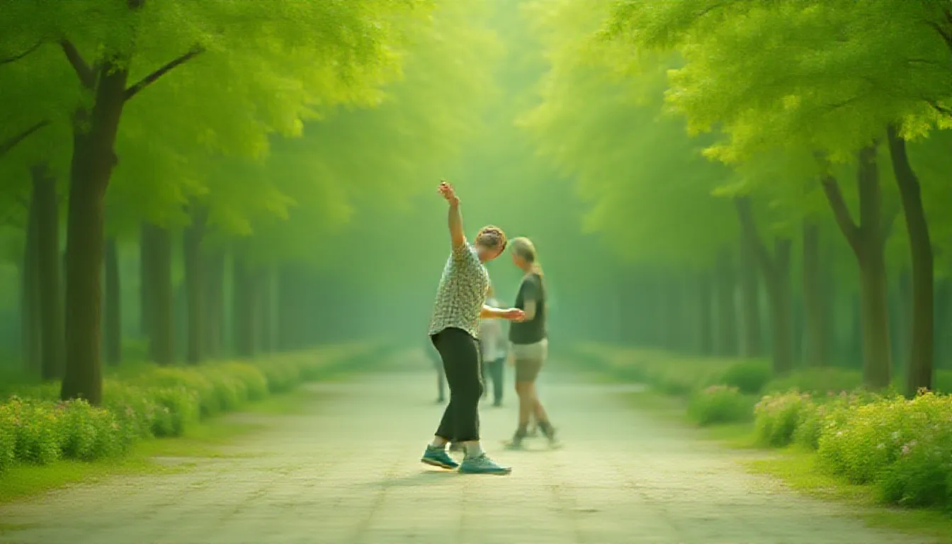 In the tranquil serenity of a well-maintained urban park, a man finds himself lost in his own world. Buried among the towering, lush green trees that provide a comforting canopy against the city's commotion, he is rhythmically swaying, entirely engrossed in the act of dancing. The park, with its colorful floral arrangements, chirping birds, and a calm lake whispering ripples against the bank, provides the perfect backdrop for his isolated, joyful moment.

The man's eyes, renowned windows to the soul, have been caught by a lady's captivating presence. She is directly in his line of sight, their gaze interlocking, creating a special moment that transcends the setting's peace. Her captivating allure and radiant sight have mesmerized him, forging an unspoken bond that electrifies the afternoon air.

In the backdraft of this picturesque scene, the soundtrack of his life plays on. His favorite song, emanating from his pocket device, fills the immediate surroundings with harmonies and rhythms that seem to pluck at the very strings of his being. Each note, each lyrical phrase, resonating with his inner feelings, intensifying the connection he feels with the enchanting stranger amidst the vibrant landscape. It's as if the universe has created a symphony just for them, orchestrating an unforgettable dance in the park.