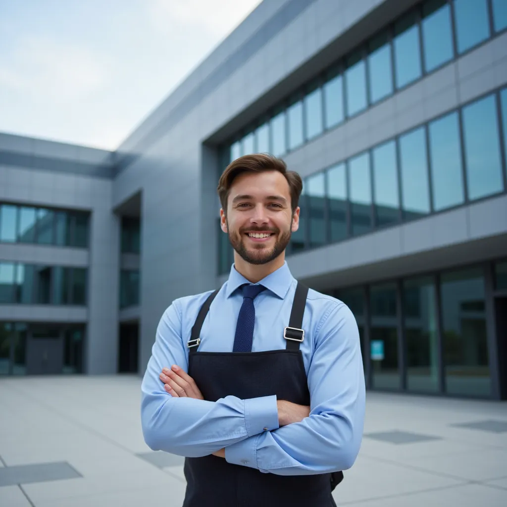 A profession guy in front of a modern building.