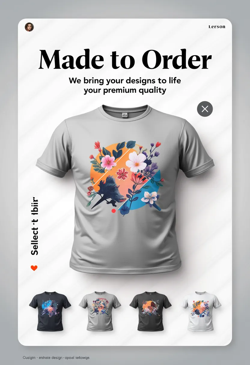 A modern, minimalistic poster design showcasing a customizable t-shirt with vibrant patterns and artistic elements. The t-shirt is displayed on a sleek, flat layout with selectable design options like geometric patterns, floral prints, and abstract art. The background is soft-gradient gray to white, blending seamlessly with a polished look. The poster highlights the text 'Made to Order' in bold, elegant font, and the tagline 'We bring your designs to life with premium quality' in smaller, clean typography. Include subtle design tools or templates to imply customization features without overpowering the main product