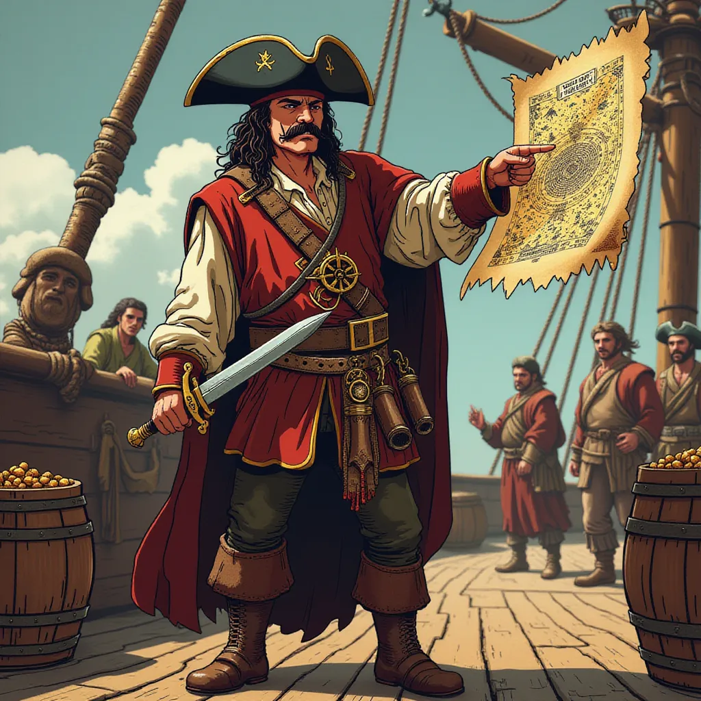 A fiercely determined pirate quartermaster, cloaked in the long shadow of the towering mast, stands solemnly on the weathered wooden deck of a mighty and well-managed 18th-century galleon. Assertively pointing towards an intricately illustrated treasure map with his sunburnt, calloused hand, while in the other, he firmly brandishes an impeccably polished steel sword that glints menacingly under the tropical sun. His outfit is a charismatic blend of function and intimidation, featuring a worn, mahogany leather vest heavily laced with gold, a sturdy and intricately crafted belt housing a pair of vintage wheellock pistols, and a pair of weathered yet unbowed boots, every element narrating a story of countless skirmishes and endless sea voyages.

His facial expression is unyielding and calculating, eyes narrowed evidently demonstrating a wit as sharp as his sword and leadership qualities that have been honed by countless encounters with the unpredictable sea and ruthless adversaries. His chevron mustache frames a stern mouth, whispering tales of the numerous battles he's fought and the countless challenges he's overcome.

As the quintessential seafaring backdrop, wooden barrels filled with crucial sea voyage supplies like hardtack, rum, and gunpowder are neatly stacked behind him. Scruffy and rugged crewmen, their faces weathered from the harsh kisses of seawater and sun, busily scuttle about their duties, their actions a harmonious dance of purposeful chaos. The scene is filled with the grating sound of ropes against pulleys and the rhythmic lapping of waves against the hull, all painting a vivid and vibrant picture of seafaring life under the able guidance of the underappreciated yet crucial role of the pirate quartermaster. in the style of TOK a trtcrd tarot style