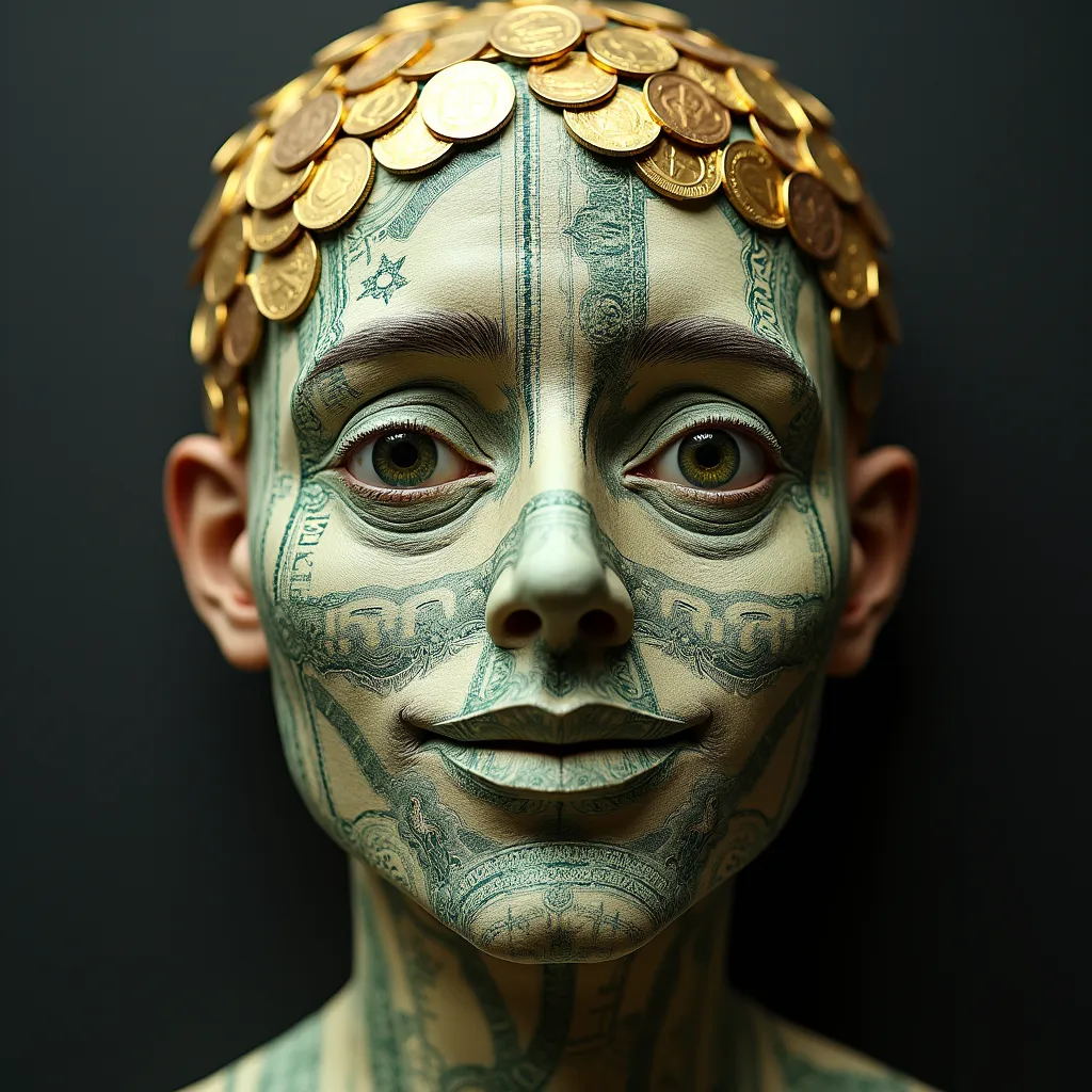 In a parallel universe, a remarkable man emerges, a man whose distinctive features defy natural laws. His face is not crafted from flesh and bone, not concealed behind a mask, nor enhanced by any digital rendition. It is made entirely out of currency. Adorned with bills of varying denominations from countries around the globe, his face stands as a unique symbol of prosperity and power. Each eye, made from shimmering, golden coins, gleams with curiosity and desire as he navigates through this economic labyrinth. His cheeks are folded from delicately creased banknotes, creating patterns reminiscent of classic origami designs. Underneath his paper lips, words of fiscal wisdom are woven into a million dollar smile. There's a enigmatic story behind this unusual, yet mesmerizing individual who is more than just a creature of wealth, he attests to the surreal relationship between humanoid life and the ceaseless wheel of economics.
