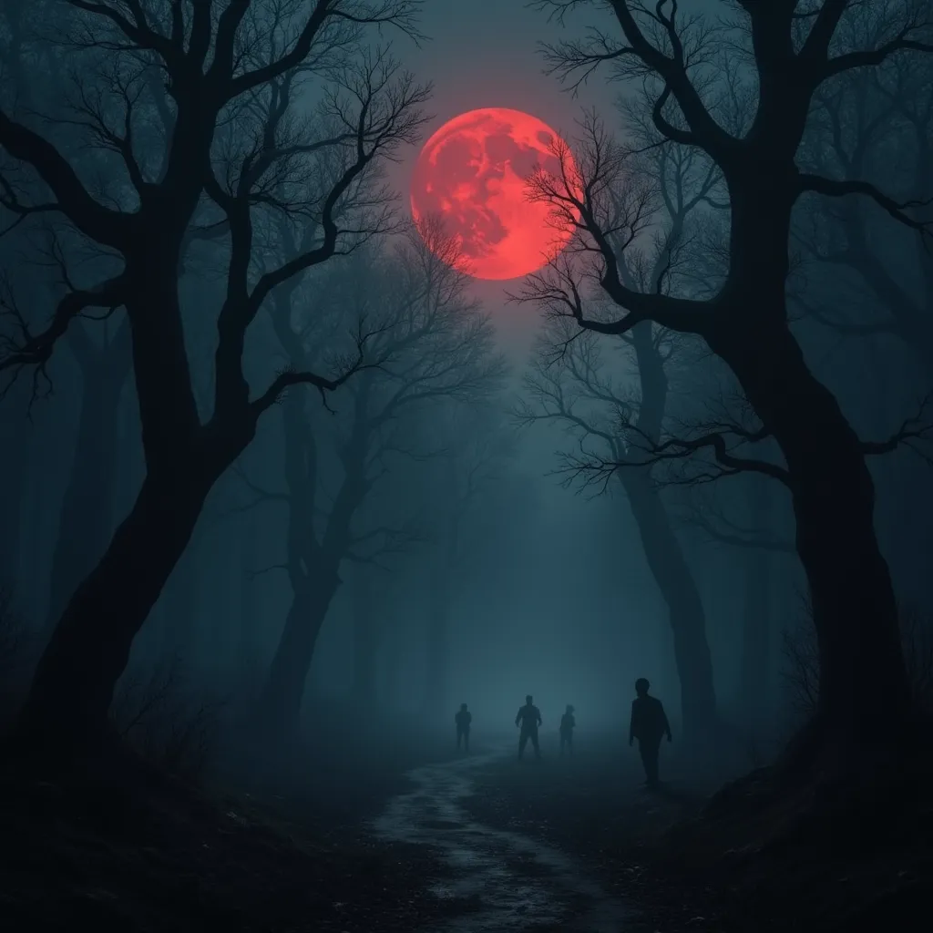 A dark, abandoned forest at midnight, filled with towering twisted trees, dense fog creeping through the branches, and shadowy figures lurking in the mist. A blood-red moon casts an ominous glow over the entire scene