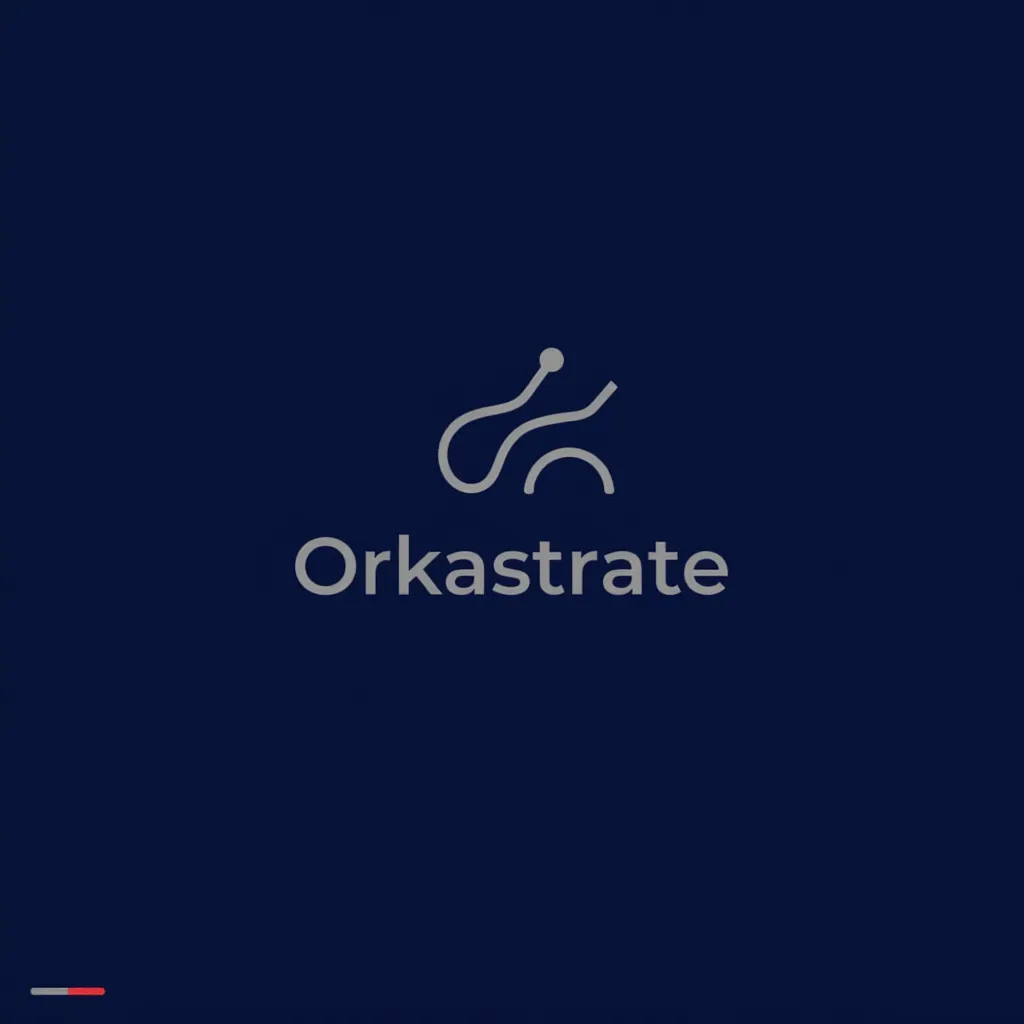 A logo for a company called "Orkastrate" Conductor’s Baton + Flow Lines
Visual: A minimalist baton (like a music conductor uses) with fluid lines or waves extending outward—representing orchestration of tasks, teams, or features.

Style: Thin, elegant lines; abstract but expressive.

Color: Deep blue and silver or gradient purples for a high-tech feel. wablogo, logo, Minimalist