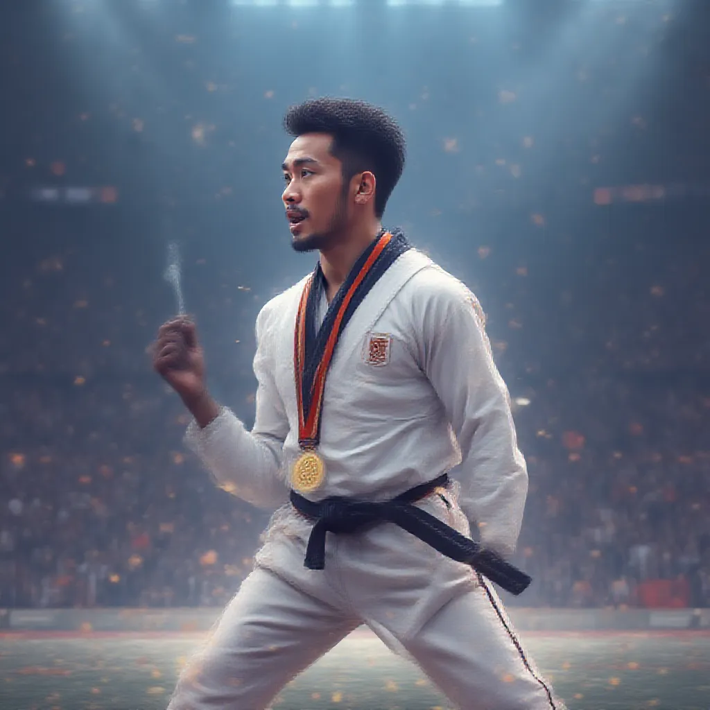In the captivating year of 2024, at the renowned Paris Olympics, a man, robust and agile, had worlwide attention as he was engrossed in the thrilling game of Taekwondo. The crowd was pulsating with energy, their cheering reverberating across the stark boundaries of the splendid stadium, echoing under the Parisian sky. The competitors displayed awe-inspiring techniques and movements, embodying the essence of this ancient martial art. 

This particular man was breathtaking in his performances; his kicks faster than lightning, his techniques intriguing and his focus unwavered, even under the tense atmosphere of the Olympics. Under intense scrutiny of spectators and jury, he gracefully fought his way through several challenging rounds of combat, outperforming numerous world-class competitors.

Impressively, his journey culminated in victory after a nail-biting final match that left the crowd gasping and clapping in unison. Remarkably, he was awarded the prestigious gold medal, signifying not only his superiority in Taekwondo but also his relentless persistence and dedication. His celebrations were heart-warming; he wore his medal with a joyous glow on his face, reflecting his pride and overwhelming happiness. Whole stadium was erupting in euphoric applause, celebrating this enormous victory, memorializing a spectacular moment in the history of the Paris Olympics, 2024.