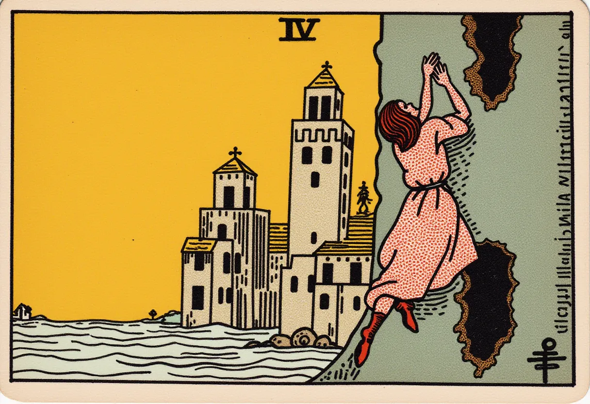 girl climbing an building in the style of TOK a trtcrd tarot style