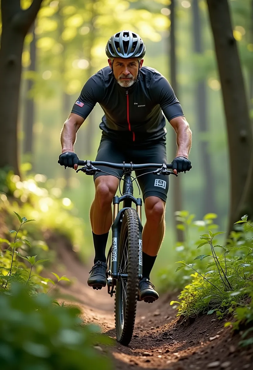 A middle-aged man, with salt and pepper hair, decked out in cycling gear, expertly maneuvering a sleek, high-performance mountain bike along a narrow, winding dirt trail in the heart of a densely forested area. The cool, crisp morning air filled his lungs as the sunlight filtered through the leafy canopy above, creating enchanting patterns on the path ahead, making each turn a delight. His determined expression revealed the inner strength pushing him forward as his muscles strained, powering through the challenging terrain. His adventurous spirit seems apparent in the way his eyes sparkled, savoring the thrill with each pedal of his journey.