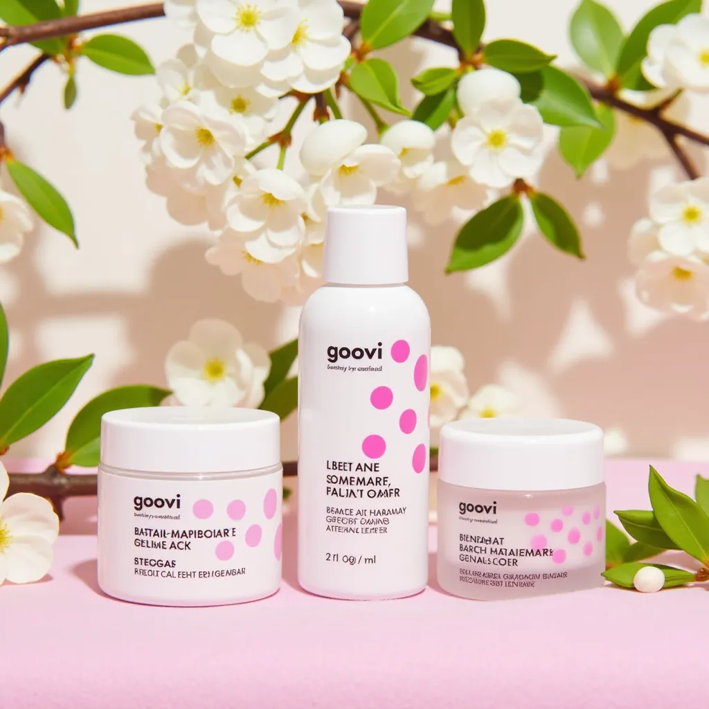 GOOVI skincare products surrounded by cherry blossoms and fresh green leaves, on a pastel-colored cloth, with soft sunlight emphasizing the freshness of spring.