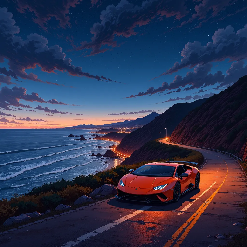 GHIBSKY style, an orange Lamborghini driving down a hill road at night with a beautiful ocean view in the background, side view, no text