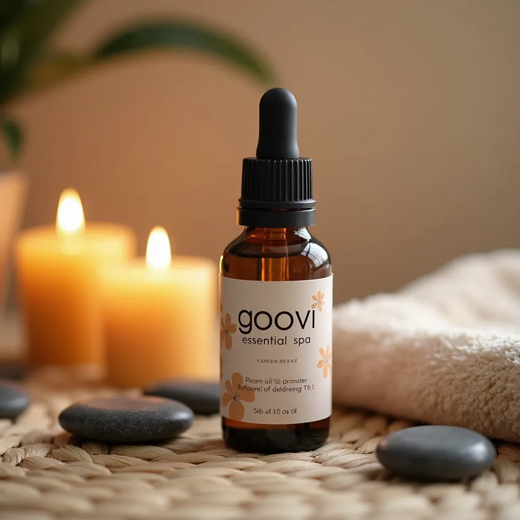 GOOVI essential oil bottle with a serene spa vibe, surrounded by candles, stones, and a towel, promoting relaxation and wellness.