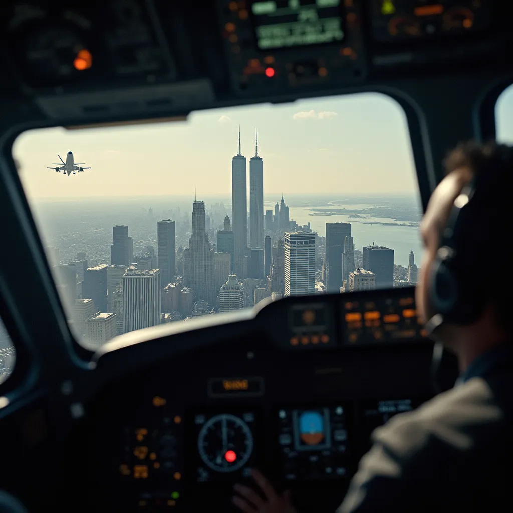 I would like to request an immersive and detailed visualization inside an aircraft, embodying the perspective of a passenger during a hijacking scenario not far removed from the tragic incident of September 11, 2001. The setting of this scene takes place in the cramped confines of the airplane’s cockpit, where a hand-to-hand struggle is ensuing between the hijackers and myself. 

As the situation escalates, the plane is perilously close to the iconic Twin Towers, the once majestic symbols of New York's affluence. The visualization should offer a nerve-racking view of the towers as seen from the cockpit’s windows, appearing alarmingly close as the aircraft barrels towards them at high velocity. 

This highly intense and distressing scenario should encapsulate the impending sense of doom, the gravity of the heroic struggle and the fatalistic vision of the World Trade Centre glistening in the sun, waiting innocously as the hijacked plane brings an unforeseen disaster to its doorstep.

from near to twin tower like i can see the peopls who are inside the twin tower and they are scareed while incockpit eveything is smasshed like 2 pilot are killed and hijacker are stoodup with ak47 and i am seeing that we are going to crash