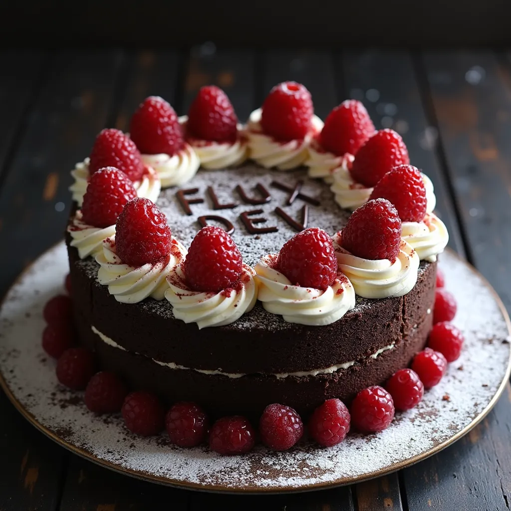 black forest gateau cake spelling out the words \"FLUX DEV\", tasty, food photography, dynamic shot