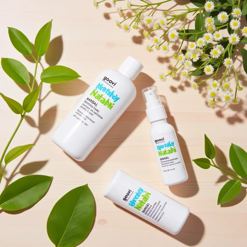 GOOVI natural skincare product set arranged on a light wooden surface, surrounded by fresh flowers and herbal leaves, soft sunlight illuminating the scene, creating a fresh and eco-friendly vibe.