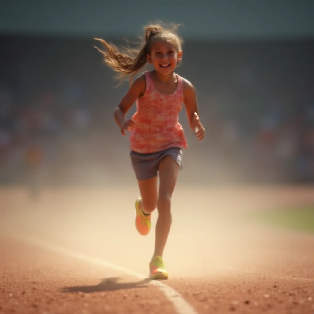 A young girl energetically running on a well-trodden athletic track, her ponytail swaying rhythmically with each stride she takes. The roar of the crowd around the arena fades into a subtle hum as she focuses on the finish line just meters away. Dressed in a vibrant running attire, and her feet clad in neon running shoes, she kicks up a flurry of dust as she pushes forward on the gravel track, her determined face reflecting the intense passion she holds for the sport.