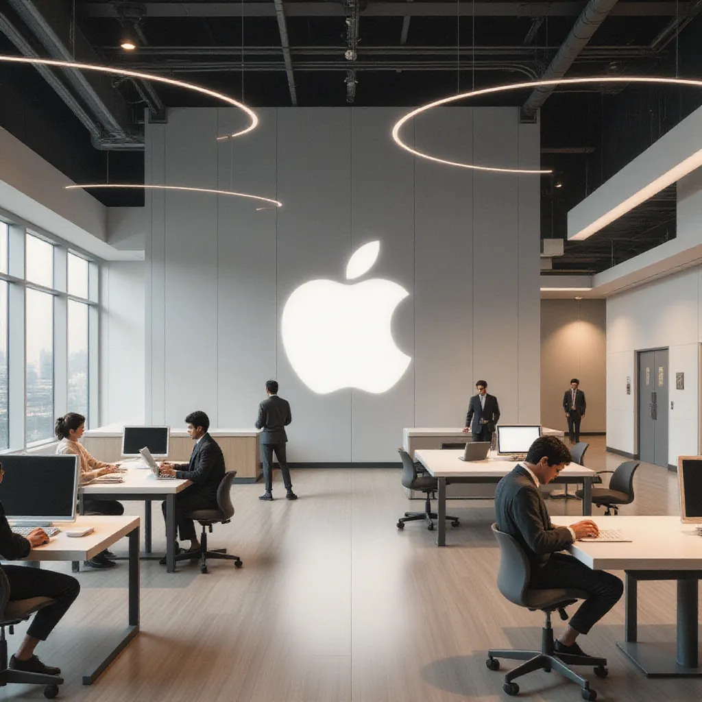 Design a professional and modern office space that prominently features the iconic and minimalistic Apple logo. The office should serve as a functional workspace exuding a sleek and contemporary style that aligns with Apple's brand aesthetic. The interior design should feature an efficient layout with ergonomic furniture, minimalist color schemes, abundant natural light, and ample storage facilities, ensuring a harmonious balance between aesthetics and functionality.

The Apple logo, a symbol of innovation and technology, should be cleverly incorporated into the design - whether as wall art, on glass partitions, or other creative placements. It should be visually subtle yet noticeable, creating a powerful brand statement while adding character to the space. Additionally, incorporate touches of Apple's corporate culture into the design to foster a work-friendly environment that encourages collaboration and creativity among employees. in retrofuturism style