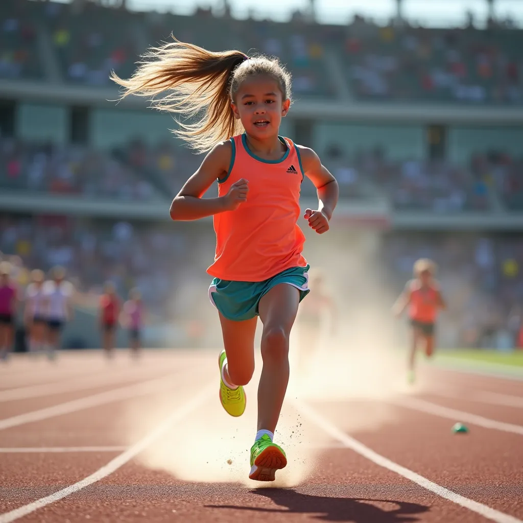 A young girl energetically running on a well-trodden athletic track, her ponytail swaying rhythmically with each stride she takes. The roar of the crowd around the arena fades into a subtle hum as she focuses on the finish line just meters away. Dressed in a vibrant running attire, and her feet clad in neon running shoes, she kicks up a flurry of dust as she pushes forward on the gravel track, her determined face reflecting the intense passion she holds for the sport.