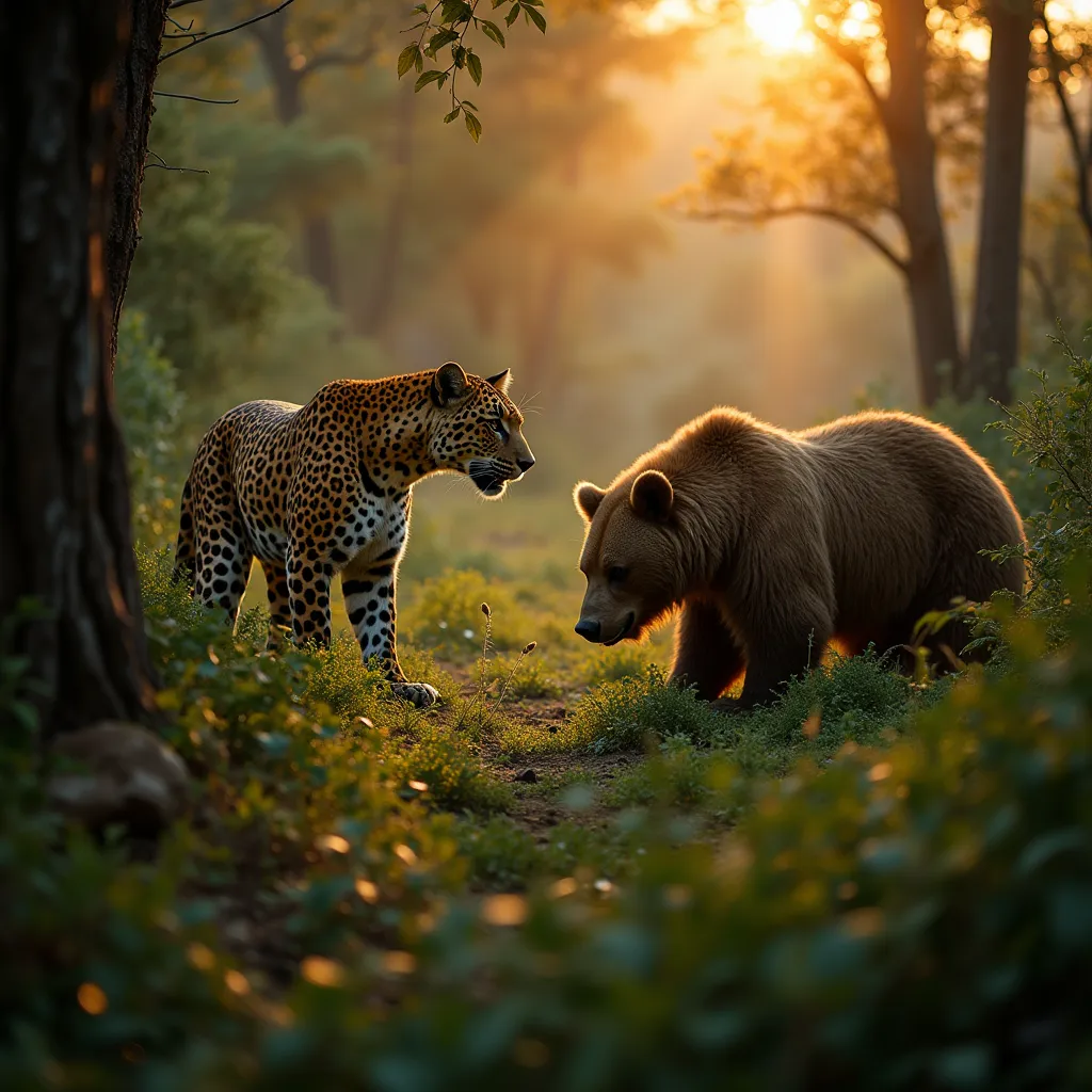 Situated deep within the heart of an isolated and untamed wilderness and bathed in the amber glow of a setting sun, a stealthy leopard marks its prey— an unsuspecting and solitary bear, oblivious to the impending mortal peril. This master assassin, the leopard, expert at camouflage and ambushing its prey, is stealthily positioned in a stance of concealed observation. Its tawny golden coat elegantly with the surroundings, making it practically invisible within the dense foliage. The atmosphere is fraught with tension, not from the observable tranquility of the wilderness, but rather from the leopard's deliberate patience and concealed, potential energy preparing for a deadly strike. 

Just a few yards away, in blissful ignorance of the peril lurking in shadows, the bear, engaged in its meal, epitomizes serenity and solitude. The bear seems engrossed within the humble ritual of its dinner, savoring the crisp sensation of the tender, luscious blades of grass. Enrobed in an untidy cloak of thick, matted fur, this formidable beast, seemingly invulnerable and pacified, is unknowingly dancing on the edge of a precipice— a leap away from the lurking life-threat. 

Secreted behind a veil of emerald leaves, becoming one with the wild environment, the leopard waits—studying the bear, tracking its frequent moves, anticipating a pattern in its habitual motions. Every muscle in its lithe body is taut with anticipation, claws razor-sharp and eyes blazing with a primal, savage hunger. Its presence is so subtly masked that the hush of wilderness turns into its accomplice, helping it devise the accurate moment to strike. Meanwhile, the bear, continued to wallow in the pleasures of his leisurely meal, remains blissfully ignorant of the hunter's imminent pounce.