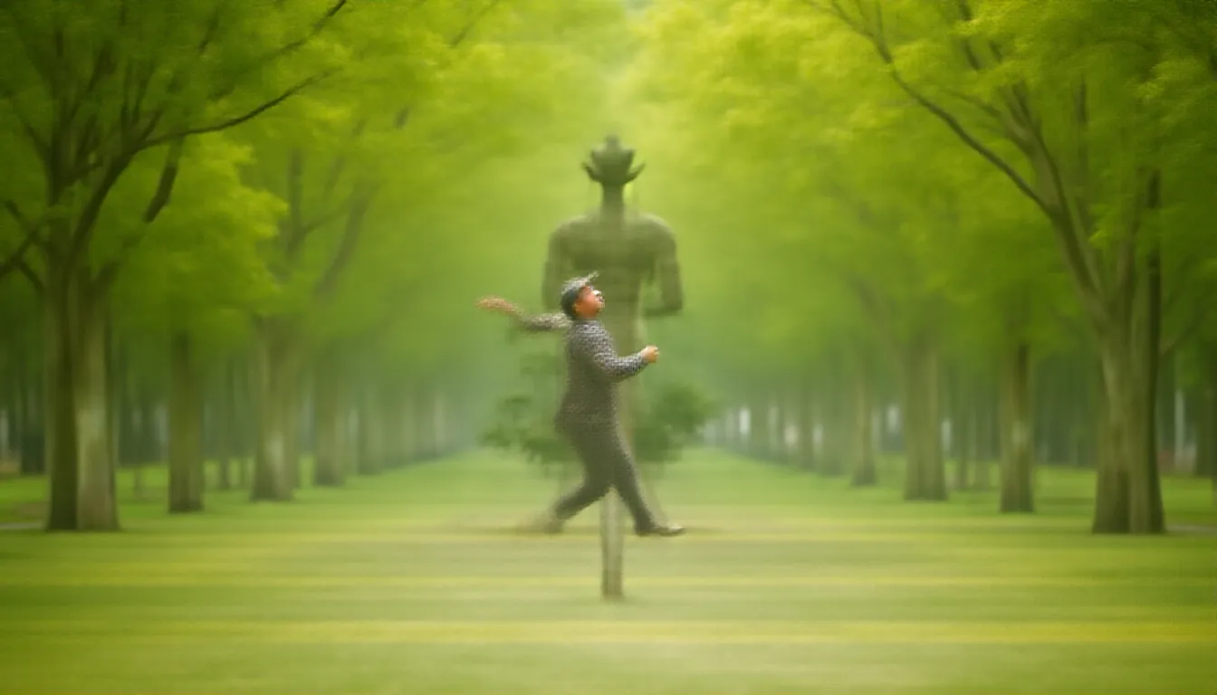 In the tranquil serenity of a well-maintained urban park, a man finds himself lost in his own world. Buried among the towering, lush green trees that provide a comforting canopy against the city's commotion, he is rhythmically swaying, entirely engrossed in the act of dancing. The park, with its colorful floral arrangements, chirping birds, and a calm lake whispering ripples against the bank, provides the perfect backdrop for his isolated, joyful moment.

The man's eyes, renowned windows to the soul, have been caught by a lady's captivating presence. She is directly in his line of sight, their gaze interlocking, creating a special moment that transcends the setting's peace. Her captivating allure and radiant sight have mesmerized him, forging an unspoken bond that electrifies the afternoon air.

In the backdraft of this picturesque scene, the soundtrack of his life plays on. His favorite song, emanating from his pocket device, fills the immediate surroundings with harmonies and rhythms that seem to pluck at the very strings of his being. Each note, each lyrical phrase, resonating with his inner feelings, intensifying the connection he feels with the enchanting stranger amidst the vibrant landscape. It's as if the universe has created a symphony just for them, orchestrating an unforgettable dance in the park.