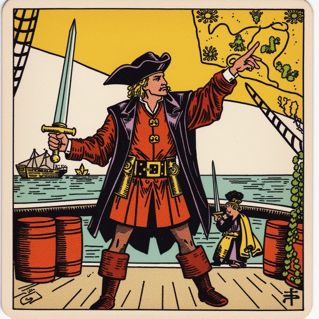 A determined pirate quartermaster standing on the deck, pointing towards a treasure map with one hand while holding a sword in the other. Dressed in a leather vest, belt with pistols, and sturdy boots. The expression is assertive and calculating, showing leadership qualities. The background features barrels of supplies and crew members working in the style of TOK a trtcrd tarot style