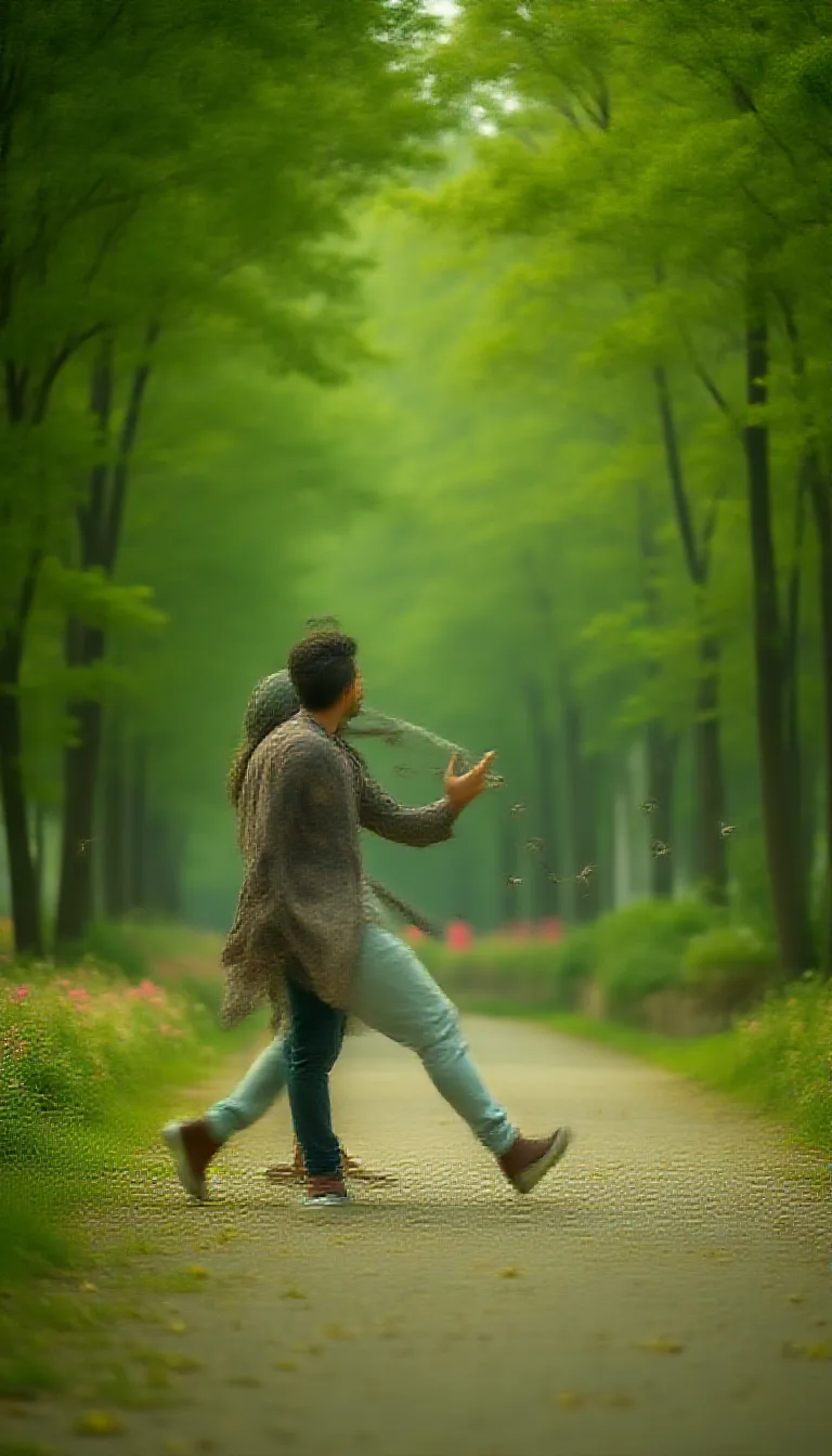 In the tranquil serenity of a well-maintained urban park, a man finds himself lost in his own world. Buried among the towering, lush green trees that provide a comforting canopy against the city's commotion, he is rhythmically swaying, entirely engrossed in the act of dancing. The park, with its colorful floral arrangements, chirping birds, and a calm lake whispering ripples against the bank, provides the perfect backdrop for his isolated, joyful moment.

The man's eyes, renowned windows to the soul, have been caught by a lady's captivating presence. She is directly in his line of sight, their gaze interlocking, creating a special moment that transcends the setting's peace. Her captivating allure and radiant sight have mesmerized him, forging an unspoken bond that electrifies the afternoon air.

In the backdraft of this picturesque scene, the soundtrack of his life plays on. His favorite song, emanating from his pocket device, fills the immediate surroundings with harmonies and rhythms that seem to pluck at the very strings of his being. Each note, each lyrical phrase, resonating with his inner feelings, intensifying the connection he feels with the enchanting stranger amidst the vibrant landscape. It's as if the universe has created a symphony just for them, orchestrating an unforgettable dance in the park.