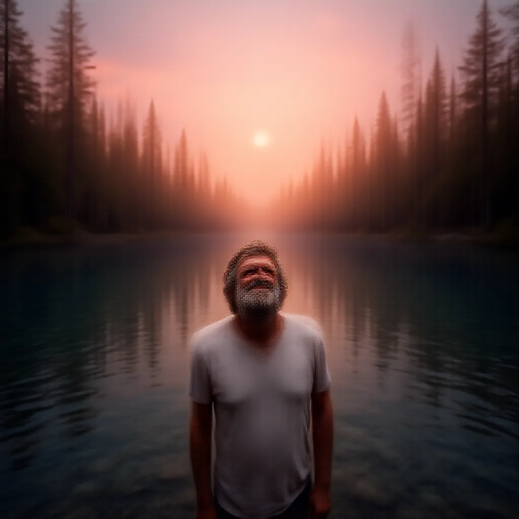 A middle-aged man with a grizzled beard and weathered skin, joyously soaking in the spectacular panorama of unspoiled nature. He is standing at the edge of a glistening lake, framed by thick rows of towering pine trees that seem to stretch into eternity. The vibrant hues of the setting sun paint the sky in shades of brilliant orange and stunning pink, reflecting in the crystal clear waters below. His heart fills with immense satisfaction and tranquility as he relishes the serene symphony of gentle waves, the whispering wind, and the soft rustling of leaves. The man appreciates the blissfully isolated moment, completely separated from the hustling modern world, only surrounded by the pure, undisturbed beauty of the natural world.