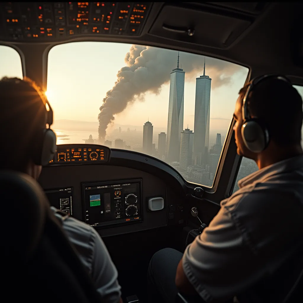 I would like to request an immersive and detailed visualization inside an aircraft, embodying the perspective of a passenger during a hijacking scenario not far removed from the tragic incident of September 11, 2001. The setting of this scene takes place in the cramped confines of the airplane’s cockpit, where a hand-to-hand struggle is ensuing between the hijackers and myself. 

As the situation escalates, the plane is perilously close to the iconic Twin Towers, the once majestic symbols of New York's affluence. The visualization should offer a nerve-racking view of the towers as seen from the cockpit’s windows, appearing alarmingly close as the aircraft barrels towards them at high velocity. 

This highly intense and distressing scenario should encapsulate the impending sense of doom, the gravity of the heroic struggle and the fatalistic vision of the World Trade Centre glistening in the sun, waiting innocously as the hijacked plane brings an unforeseen disaster to its doorstep.

from near to twin tower like i can see the peopls who are inside the twin tower and they are scareed while incockpit eveything is smasshed like 2 pilot are killed and hijacker are stoodup with ak47 and i am seeing that we are going to crash