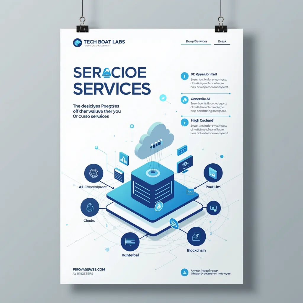 Create a professional, modern poster for a web development company called 'Tech Boat Labs' that showcases its range of high-tech services. The poster should highlight services including Full Stack Development, AI Development, Generative AI, LLMs, Blockchain, and Cloud-Based Services. Design elements should reflect advanced technology, with icons or symbols for each service, futuristic gradients, and a sleek, clean layout. Emphasize a blend of innovation and reliability with a color scheme that feels trustworthy yet dynamic, such as shades of blue, white, and gray, with subtle digital patterns or abstract tech-themed background effects.