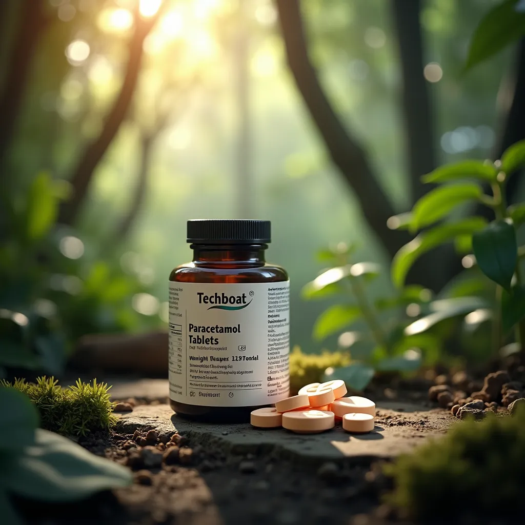 PHOTOGRAPHY: A supplement bottle with a "Techboat" logo on the label and a subtitle reading "Paracetamol Tablets, 125g." The label includes detailed information about the tablets, such as dosage instructions and key benefits. The bottle is placed on a natural surface surrounded by a lush jungle background with trees, plants, and soft sunlight filtering through the leaves. Beside the bottle, a few tablets are elegantly scattered to showcase the product. The setup features soft, natural lighting that blends seamlessly with the jungle environment, creating a harmonious and fresh aesthetic.