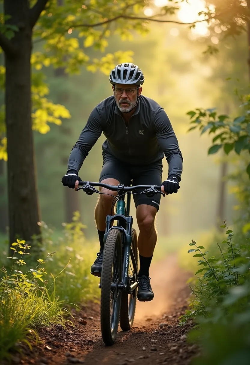 A middle-aged man, with salt and pepper hair, decked out in cycling gear, expertly maneuvering a sleek, high-performance mountain bike along a narrow, winding dirt trail in the heart of a densely forested area. The cool, crisp morning air filled his lungs as the sunlight filtered through the leafy canopy above, creating enchanting patterns on the path ahead, making each turn a delight. His determined expression revealed the inner strength pushing him forward as his muscles strained, powering through the challenging terrain. His adventurous spirit seems apparent in the way his eyes sparkled, savoring the thrill with each pedal of his journey.