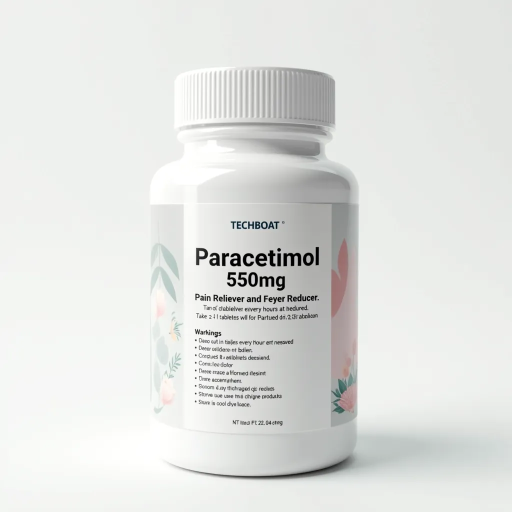A sleek medical supplement bottle for paracetamol on a white background. The bottle features the text logo 'TECHBOAT' at the top in a clean font. The label includes clear and detailed information: 'Paracetamol 550mg' prominently displayed, followed by 'Pain Reliever and Fever Reducer.' Dosage instructions such as 'Take 1-2 tablets every 6 hours as needed. Do not exceed 8 tablets in 24 hours.' Warnings like 'Keep out of reach of children,' 'Consult a doctor if symptoms persist,' and 'Do not use with other acetaminophen products.' Additional details include storage instructions, 'Store in a cool, dry place,' and a barcode at the bottom. The design is minimalistic with a white and subtle accent color scheme. Soft lighting highlights the bottle, giving it a professional and premium look and label text should be clear