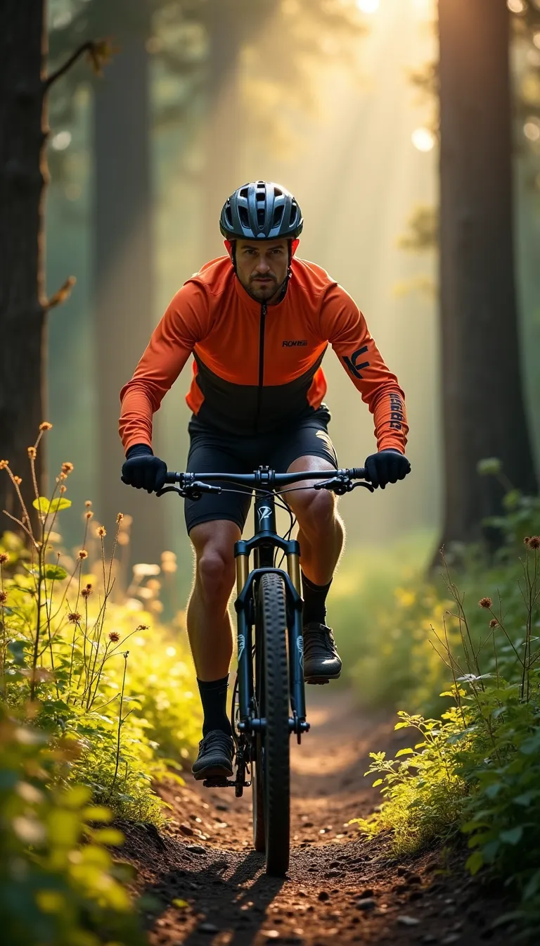 A middle-aged man dressed in a bright cycling suit is riding a mountain bike through a densely wooded trail. The striking sunlight filtering through the towering trees casting long, streaky shadows over him. He is wearing protective gear - a sturdy helmet, knee and elbow pads, and a pair of gloves. Through the winding path, he maneuvers skillfully, his intense focus mirrored in his determined eyes. The fantastically cool wind blusters against his face, making his cycling experience adventurous and exhilarating. His muscular legs pedal rhythmically, each revolution synonymous with the racing pace of his heart.