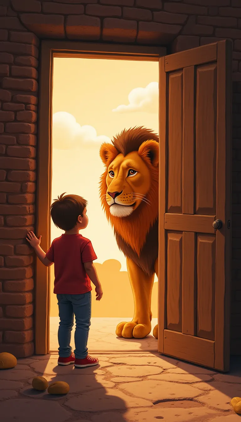 Kid is opening the door and see the lion 