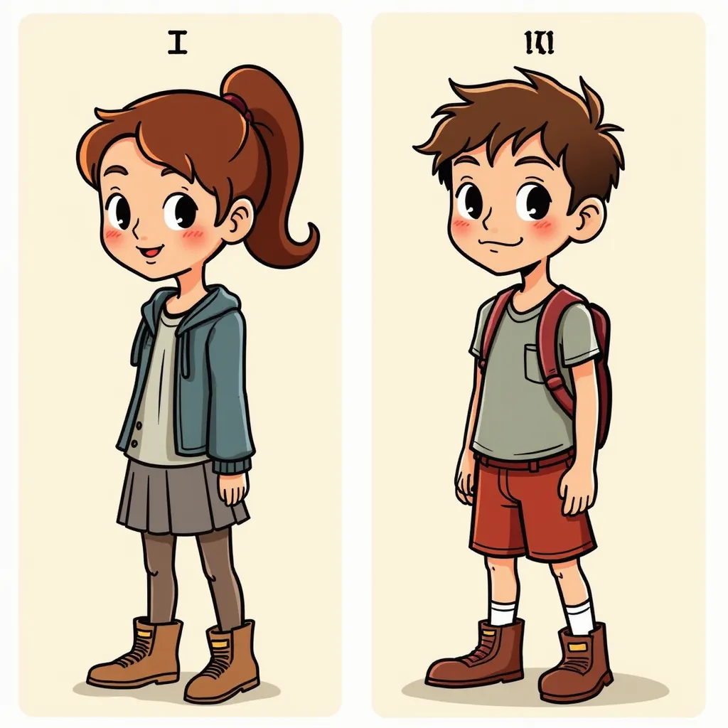 Utilizing the provided image of a female figure as reference, create an equivalent cartoon image of a boy. Pay close attention to features like hair, facial expressions, attire and body shape in order to accurately convert the attributes of the original female figure into a male counterpart while still maintaining a clear resemblance between the two images. Remember to retain the cartoon style in the resulting boy image for consistency. in the style of TOK a trtcrd tarot style