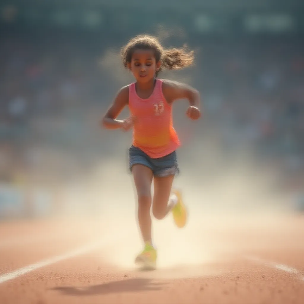 A young girl energetically running on a well-trodden athletic track, her ponytail swaying rhythmically with each stride she takes. The roar of the crowd around the arena fades into a subtle hum as she focuses on the finish line just meters away. Dressed in a vibrant running attire, and her feet clad in neon running shoes, she kicks up a flurry of dust as she pushes forward on the gravel track, her determined face reflecting the intense passion she holds for the sport.