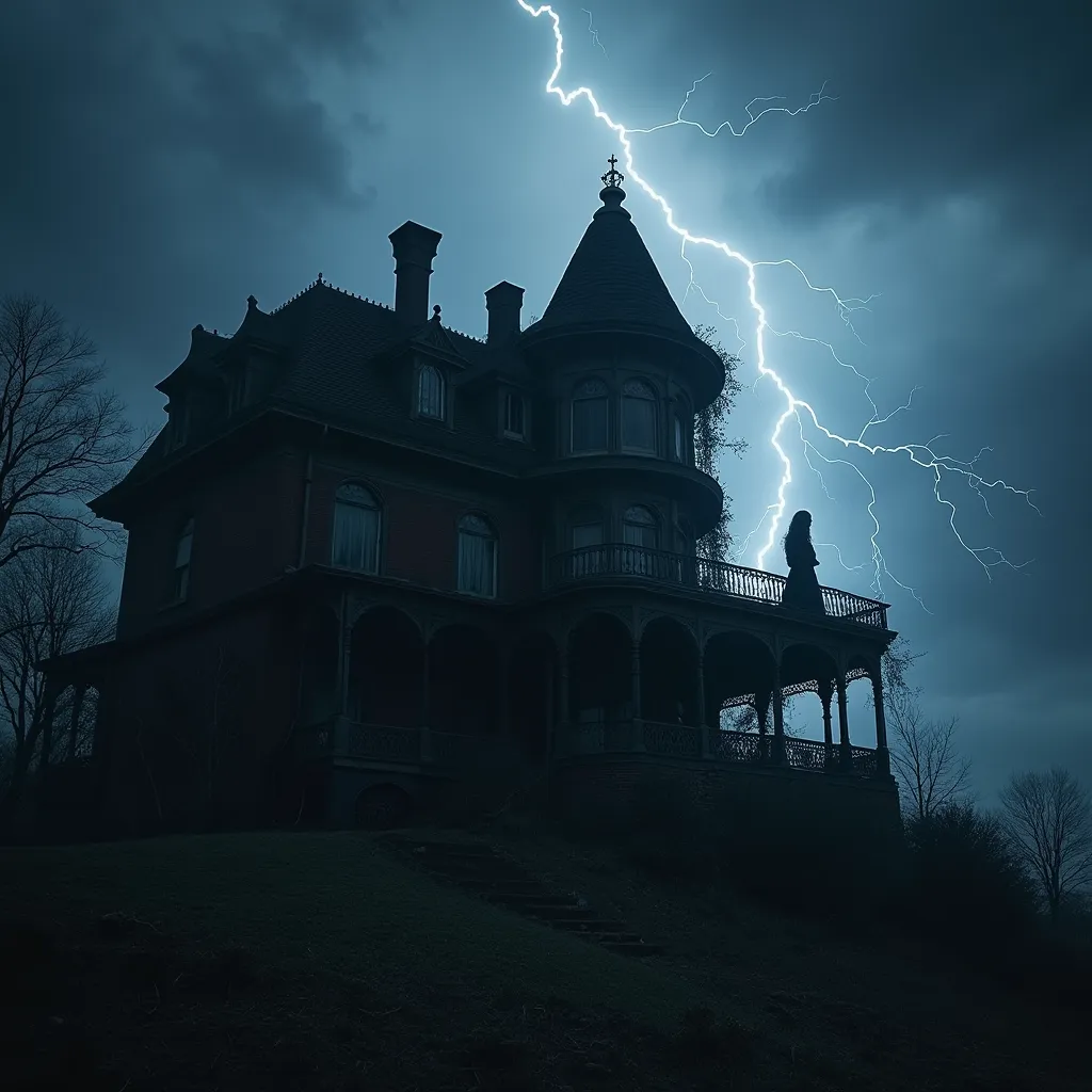 In the thick of a tempestuous night, nestled on an abandoned hilltop under a vault of menacing ebony skies, stands a haunted Victorian mansion. This forsaken edifice of an era long passed, is enveloped by a chilling aura of spectral gloom, its imposing stature crumbling under the weight of untold histories. Its once grand windows are now ridden with cracks, fragments of glass clinging precariously onto the decayed wooden sills ravaged by time and obscurity. Wildly overgrown vines with gnarled tendrils, suffocate the brickwork, clambering over each other, like snakes in a pit, vying for territorial dominance.

In this dreadful solitude, a sudden surge of lightning slices through the sky, stabbing the gloom with blinding luminescence. Bathed in the fleeting, strobing glow of electrical brilliance, the silhouette of an ethereal woman materializes on the shattered balcony. Draped in phantom fineries of a forgotten time, her spectral mane dances on the whirling wind like ghostly tendrils. Her hollow eyes are lifeless pools, gazing out into the seemingly eternal abyss of velvety darkness. Each flash of lightning paints a transient portrait of her, frozen in an endless loop of ghostly solitude, a heart-wrenching spectacle of spectral beauty and haunting melancholy.