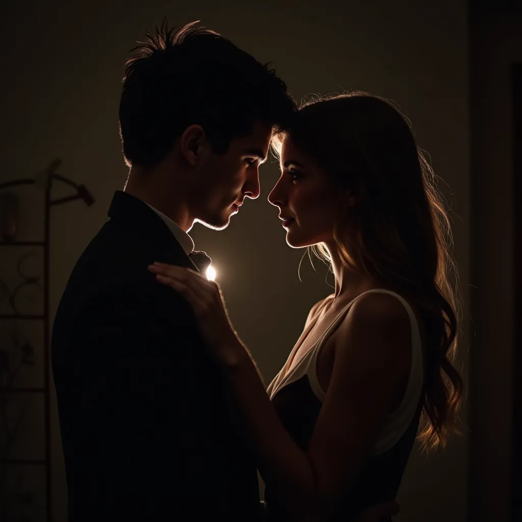 In a dimly lit room, the air thick with unspoken emotions, a boy and girl stand inches apart. Their faces illuminated only by the soft glow of a nearby lamp, their gazes lock with magnetic intensity. His hand hovers just above her arm, their breath mingling in the stillness, every heartbeat louder than the silence around them. She slightly tilts her head, her lips parted as if to speak, but the weight of the moment holds them both captive, suspended between desire and uncertainty. The warmth of their closeness fills the room as tension builds, the space between them charged with undeniable chemistry