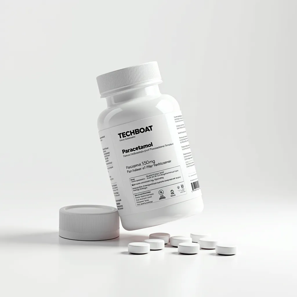A sleek medical supplement bottle for paracetamol on a white background, featuring the text logo 'TECHBOAT' at the top in a clean font. The bottle is tilted slightly to the left, as if leaning, with the label clearly visible. The cap is off and placed beside the bottle, with a few pills neatly arranged in front. The label displays detailed information, including 'Paracetamol 550mg,' 'Pain Reliever and Fever Reducer,' dosage instructions, warnings, storage information, and a barcode. The scene is minimalistic, with soft lighting enhancing the professional and premium design