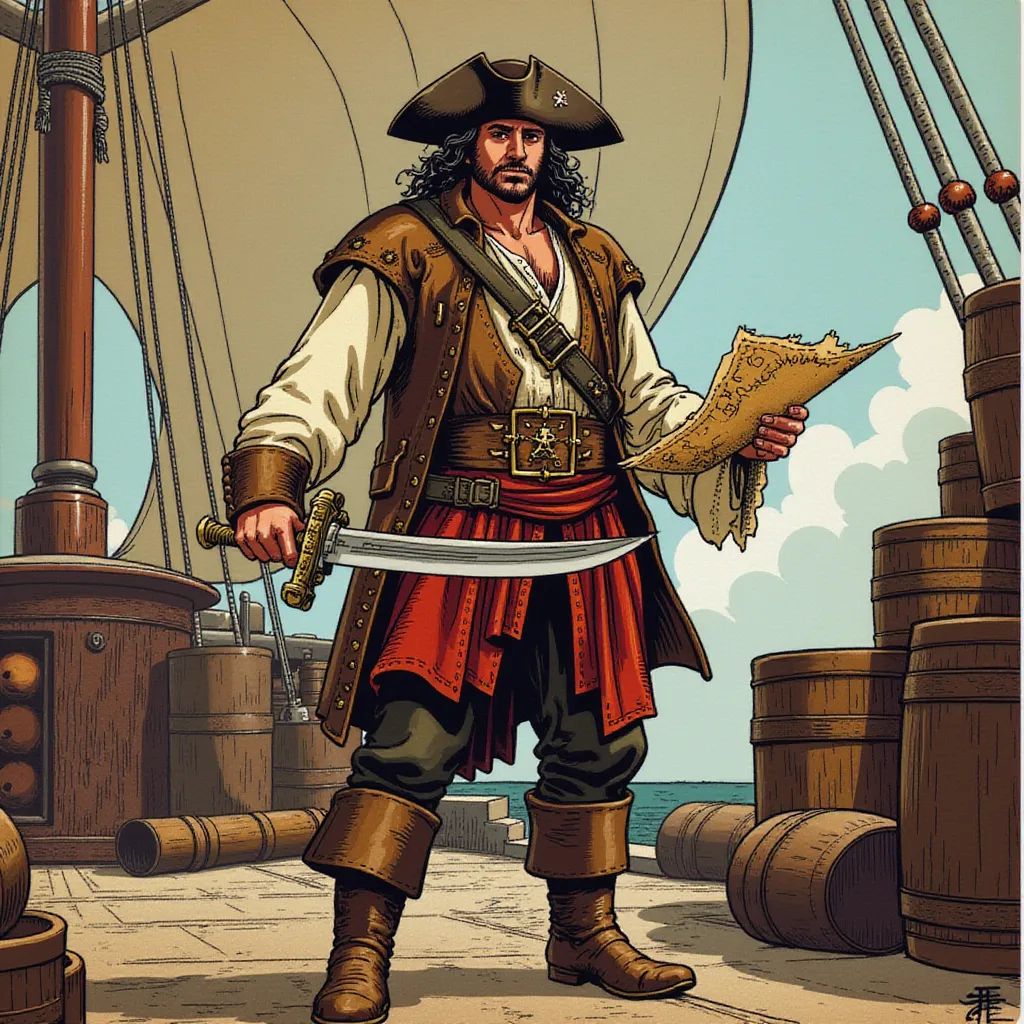 Standing tall and resolute on the weathered deck of a seasoned ship is the pirate quartermaster, the embodiment of determination and audacity. His robust figure is dressed in an eye-catching, distressed leather vest that bears testimonies of many thrilling adventures in the high seas. The vest is well-complemented by a robust leather belt that securely holds an array of intimidating pistols, ready for any immediate threat. A pair of worn, sturdy boots encase his feet, echoing his readiness for grand adventures and frightening storms alike.

In one sinewy hand, he grasely clings to a well-traveled treasure map, each crease and fold on the parchment whispering stories of riches imagined and treasures buried deep. Unwaveringly, he points towards the intricate lines and cryptic symbols sketched on this elusive guide, clearly denoting an uncanny understanding of hidden secrets and a keen eye for unnoticed treasures. 

His other hand deftly holds the hilt of a glistening sword, its blade a lethal promise of steel and iron, forged through countless battles and deadly duels. The grip on his weapon is firm and confident, an evident proclamation of his unmatched combat skills and unyielding will.

The quartermaster's facial expression is a captivating canvas of assertion and deep calculations, a remarkable display of utter focus and strategic planning. His piercing gaze and measured smirk reflect a strong leadership quality, one that can command a crew of misfits into an undefeatable pirate army.

The background paints a rustic picture of life at sea. Barrels filled with essential supplies are stacked artistically on the deck. Crew members, only visible form the waist up, are engrossed in their respective tasks. They exhibit a diligent rhythm in their work – a well-rehearsed symphony of survival on the high seas under the watchful eyes of their trusted quartermaster. in the style of TOK a trtcrd tarot style